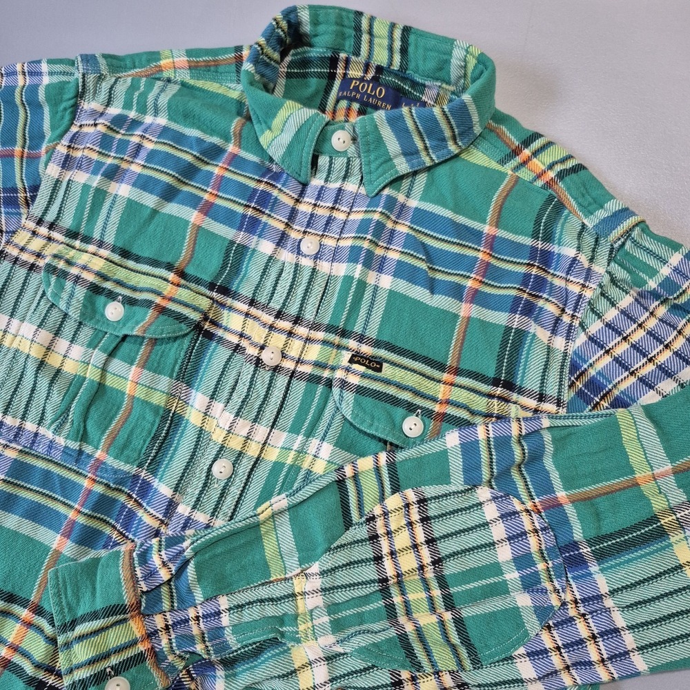 Polo Ralph Lauren Shirt Mens Large Green Plaid Elbow Patch Madras Country *Flaw